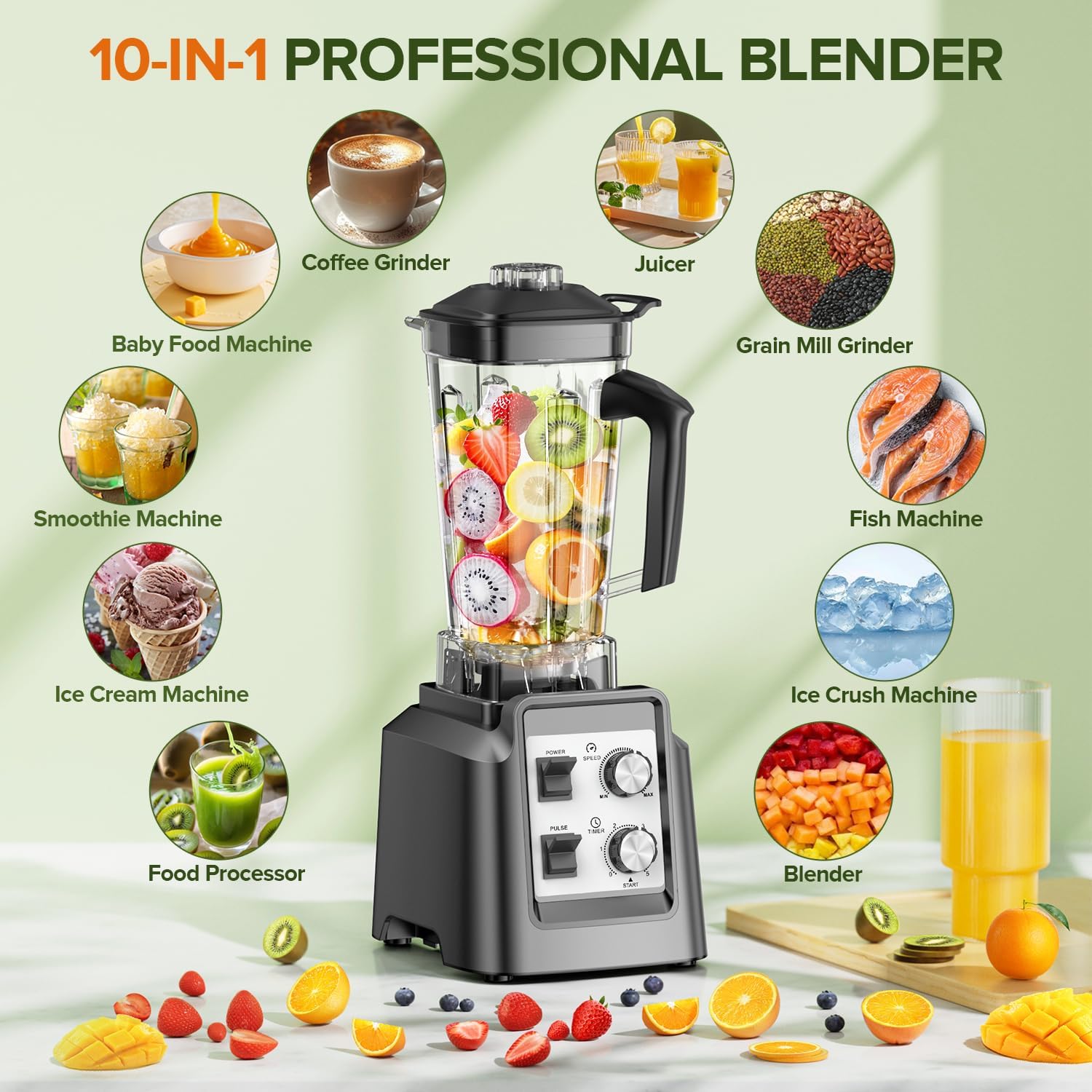 Blenders for Kitchen, Smoothie Blender with Timer - Countertop Blenders with 68oz Dishwasher-Safe Pitcher, Ice Crushing & Frozen Fruit, BPA Free