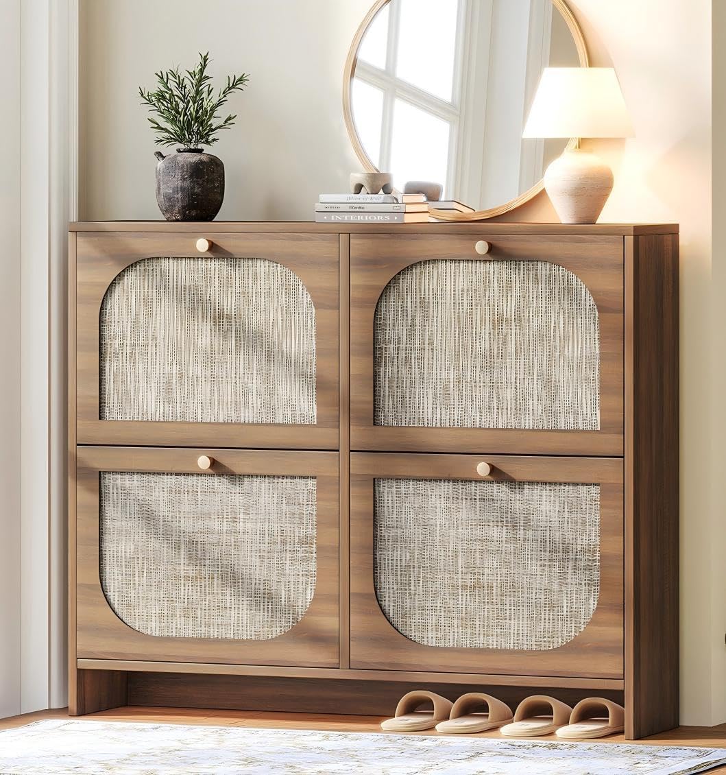 Shoe Storage Cabinet for Entryway, Freestanding Arched Rattan Accent Ultra Slim Shoe Cabinet with 2 Flip Drawers, Farmhouse Shoe Rack with 3-Tier Adjustable Shelves for Hallway Foyer Modern Rustic