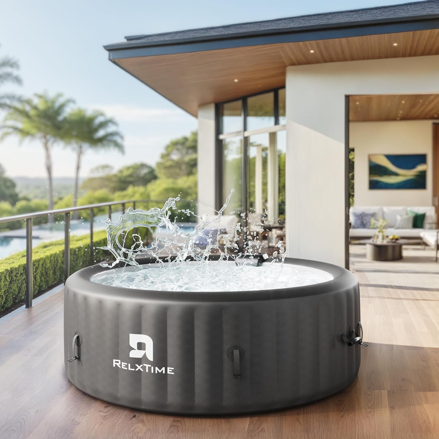 Inflatable Hot Tub 2-4 Person 110 Air Jets, Portable Blow Up Hottub with Cover, Built in Heater Pump, Round Outdoor Spa, Cup Holder, 2 Filters, Black