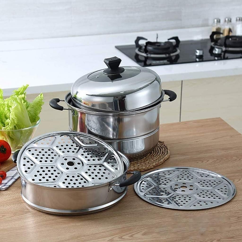 Stainless Steel Three-Layer Thickened Steamer, Compound Multi-Layer Bottom, Thickened Bakelite Handle, Anti-Scaling and(One Color-28cm