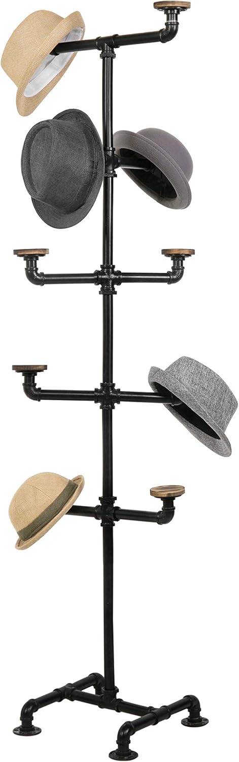MyGift Modern White Metal Pipe Hat Stand Rack with 10 Round Rustic Burnt Solid Wood Hangers, Decorative Entryway Stand Pipework Hooks for Hanging Hats or Wigs