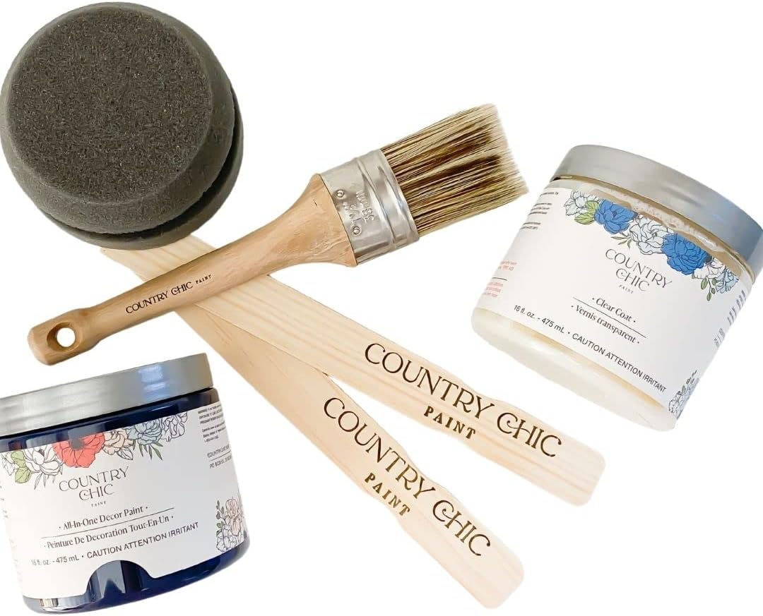 Country Chic Paint Furniture Painting Kit for Beginners Eco-Friendly DIY Chalk Style Furniture Paint, Paint Brush, & Durable Clear Top Coat Bundle - Liquorice [Black] - pint (16 oz)