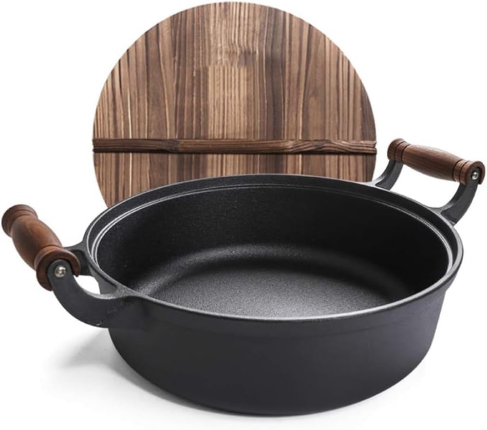 12 Inch Traditional Hand Hammered Cast Iron Wok, Chef's Pot with Cover and Wooden Shovel-30Cm-One Color-32cm