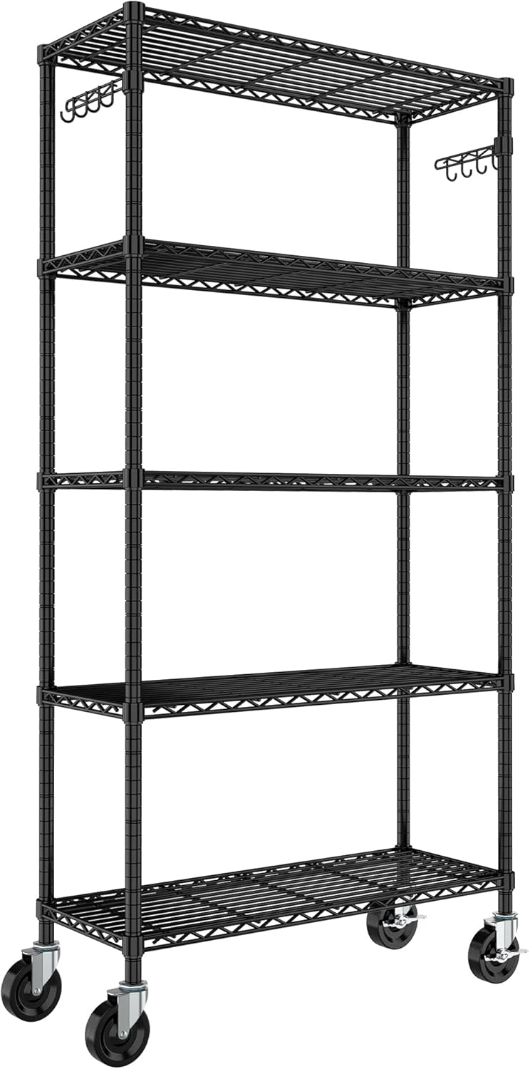 Heavy Duty Storage Shelves 5-Tier, Wire Shelving Unit with Wheels & Adjustable Feet Metal Shelf Rack for Garage, Kitchen, Pantry, Laundry Room 400 Lbs Per Shelf - 14x36x75