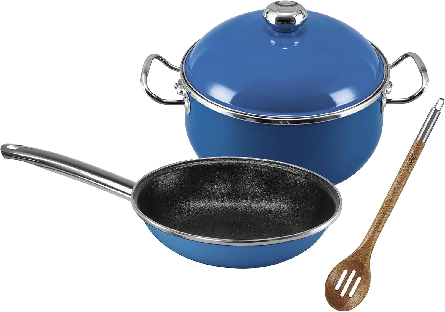 VITA 4-Piece Beginners Set (Blue) for All Stove Tops (Enamel on Steel) - Dishwasher & Oven Safe - Quick & Even Heat Distribution - Non Stick Pan & Enameled Interior Pot, Non-Reactive & Easy to clean