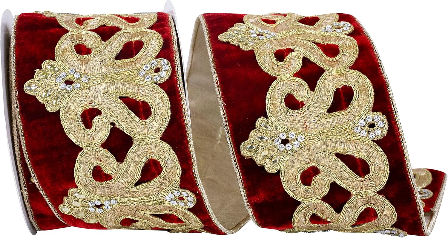 Reliant Ribbon 93894W-994-10D Jeweled Coronation Velvet Plush Gold Backed Wired Edge Ribbon, 4 Inch X 5 Yards, Red/Gold