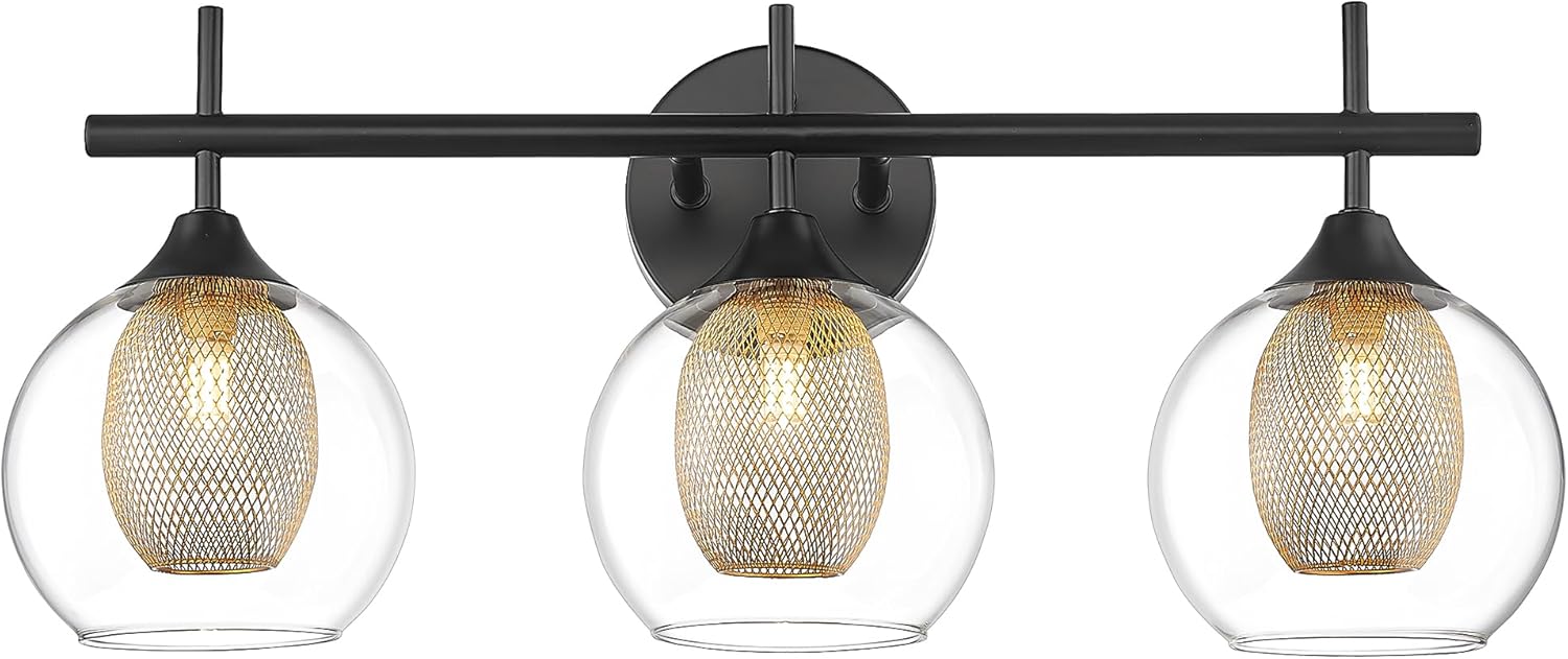 Bathroom Light Fixtures, 3-Light Black and Gold Vanity Lights Over Mirror, Farmhouse Wall Sconce Lighting with Clear Glass and Honeycomb Metal Shade, AD-22001-3W-BK