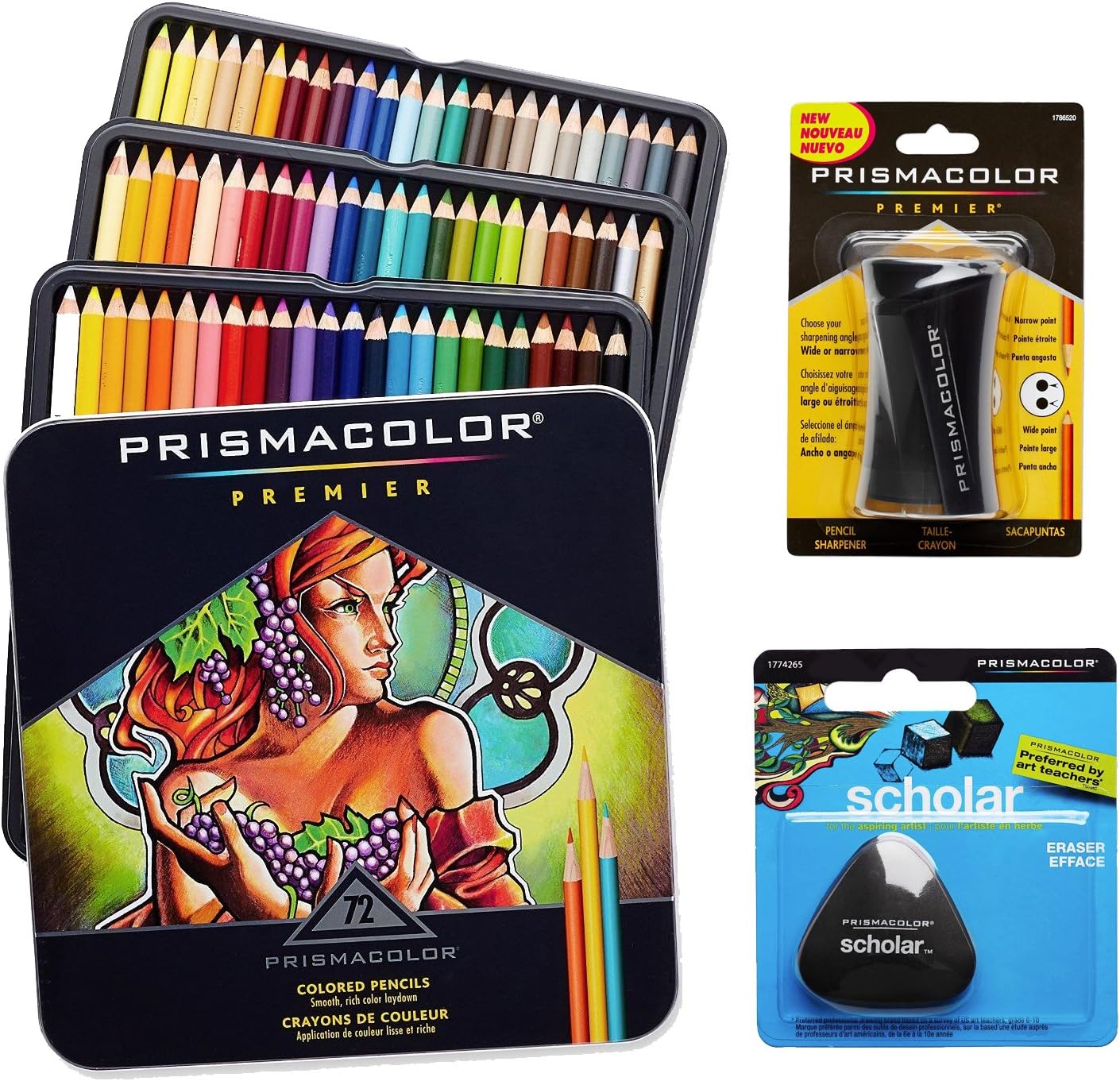 Prismacolor Colored Pencils Box of 72 Assorted Colors, Triangular Scholar Pencil Eraser and Premier Pencil Sharpener