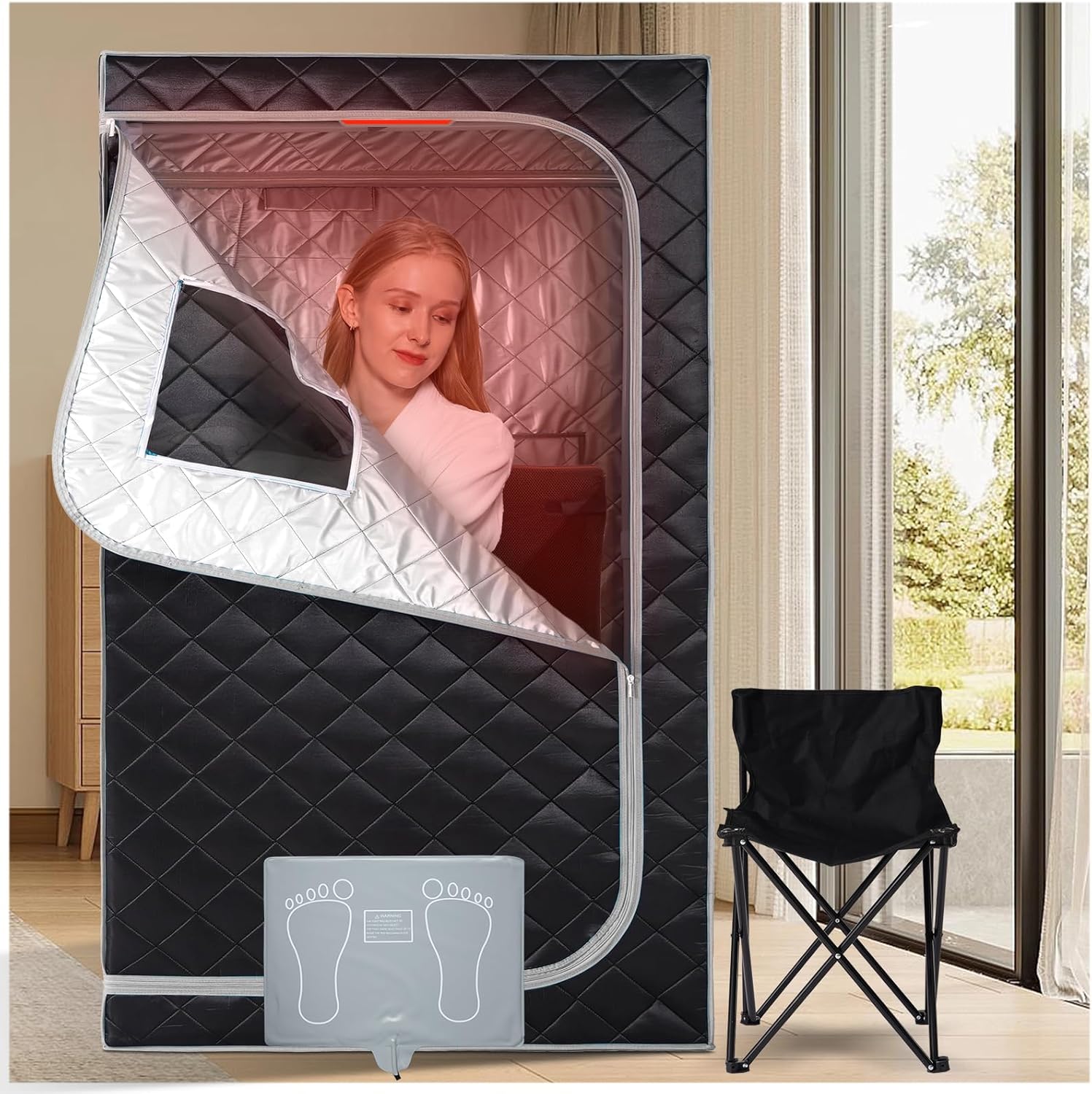 Smartmak Portable Infrared Sauna Box for Home with 660nm Red Light Therapy Lamp, Full Body Dry Sauna Tent, Personal Saunas with 6 Heaters, Heated Foot Pad, Foldable Chair for Body Recovery, BlackGrey