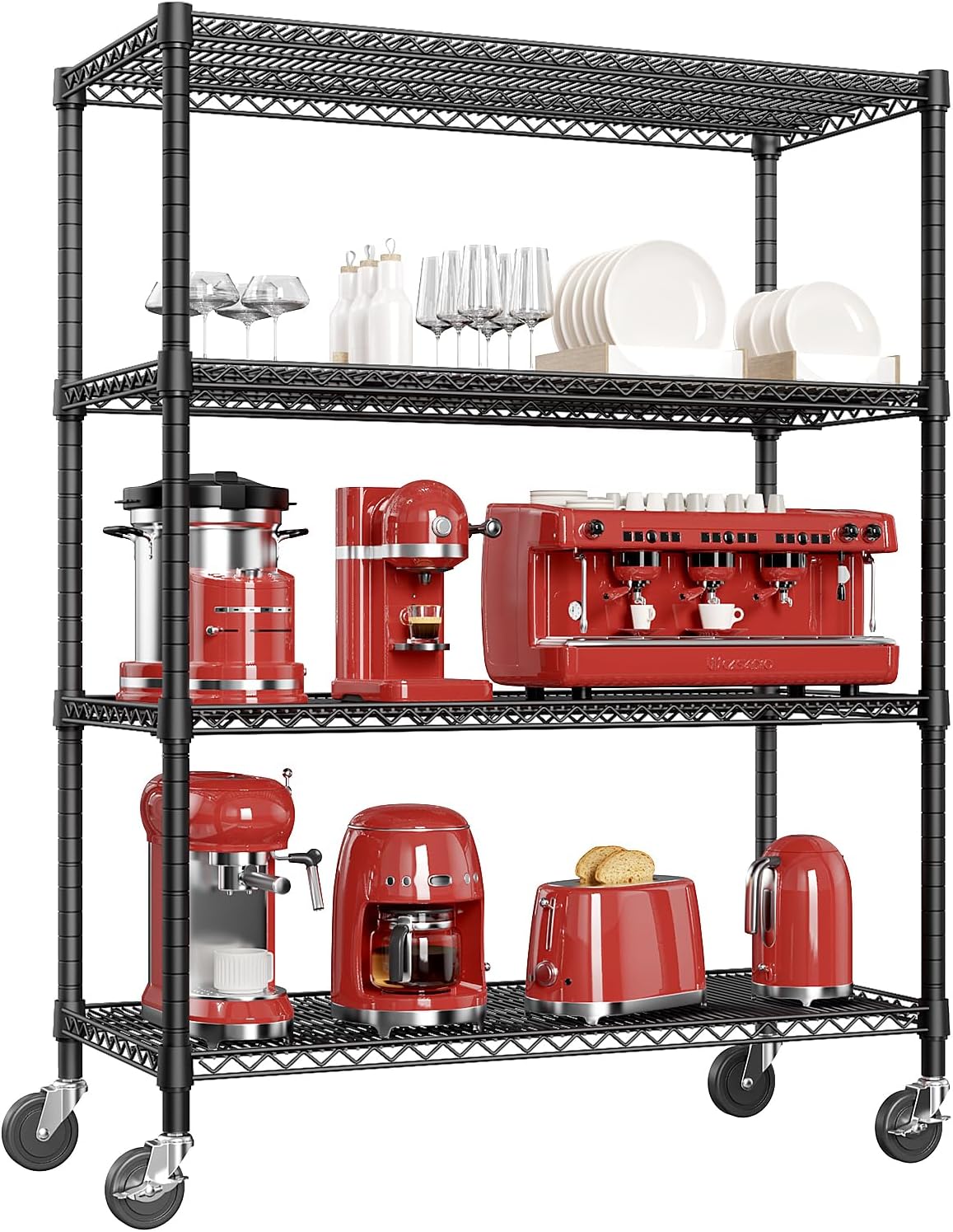 IZEUK 5-Tier Adjustable Heavy Duty Steel Wire Shelving Unit with Wheels, Storage Rack Organizer for Garage, Kitchen, Office, Laundry, Basement (Black, 17.7