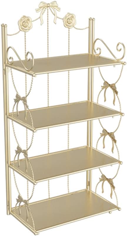 BOOMALTU Cute 4-Tier Folding Metal Shelving Bathroom Shelf,Gold Shelves Bookshelf with Bow Decor and Flowers for Storage and Display in Living Room, Bathroom,Kitchen