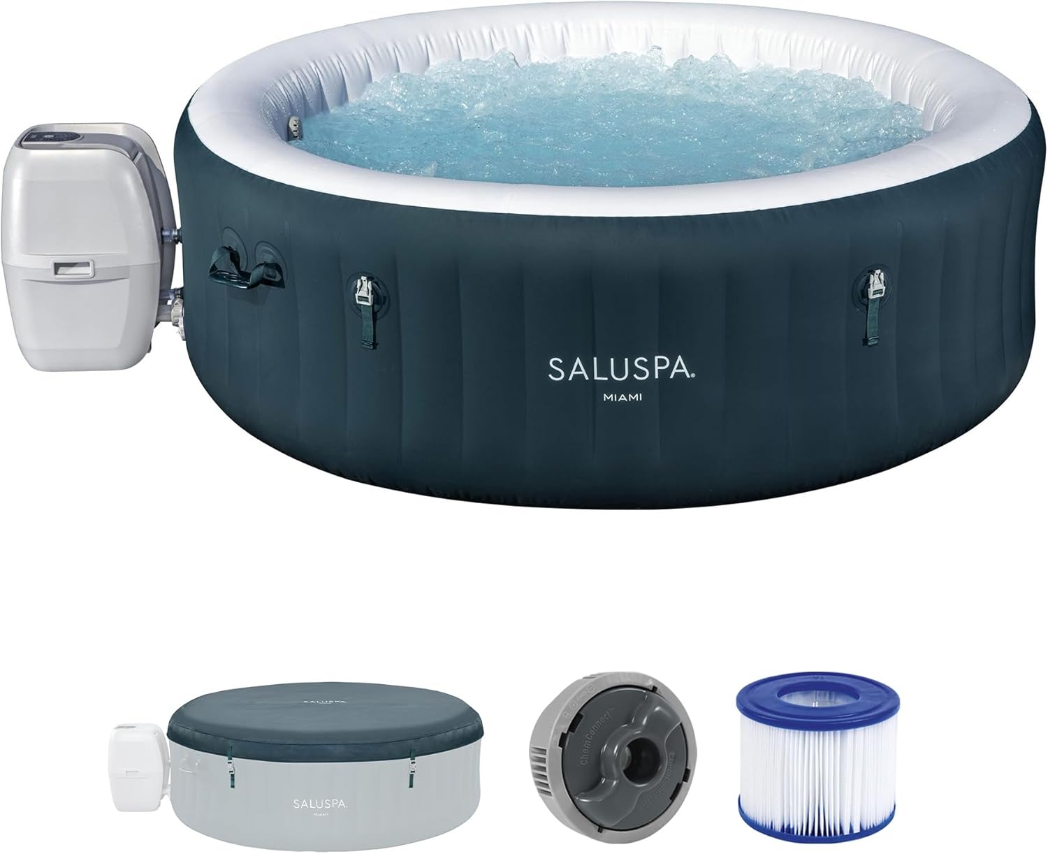 Bestway SaluSpa Aruba AirJet Large Round 2 to 3 Person Inflatable Hot Tub Portable Outdoor Spa with 110 AirJets and EnergySense Cover, Grey