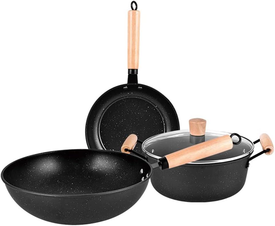 3PCS Cookware Set Wok Frying Pan Saucepan with Lid Pots Pans Maifan Stone Nonstick Egg Cooking Tools