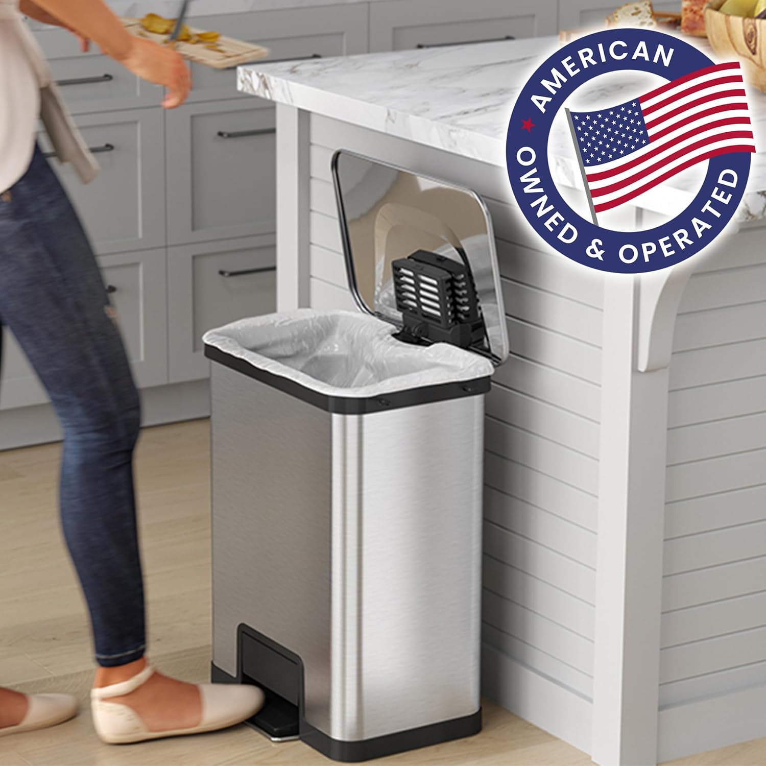 iTouchless Airstep 13 Gallon Step Pedal Kitchen Trash Can with Odor Filter, 50 Liter Commercial Grade Stainless Steel Recycle Bin for Home and Office, Silent Lid Open and Close