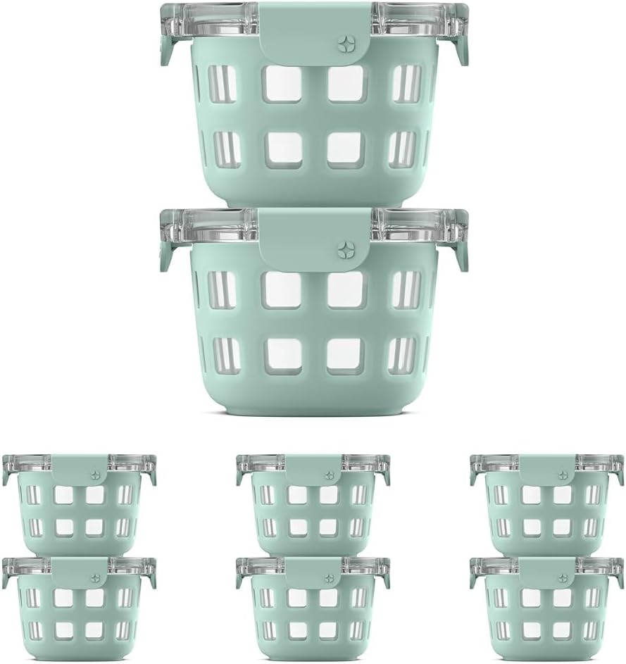 Ello Duraglass 8-Pack 2 Cup Reusable Glass Container Jar with Leak Proof Lids and Protective Silicone Sleeves | Perfect for Overnight Oats, Snacks, Yogurt | BPA-Free | Dishwasher Safe | Yucca