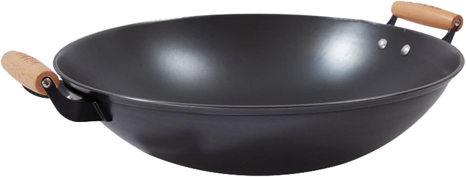 Cast Iron Wok, Double-Eared Iron Pot, Beech Wood Handle,51Cm,40cm