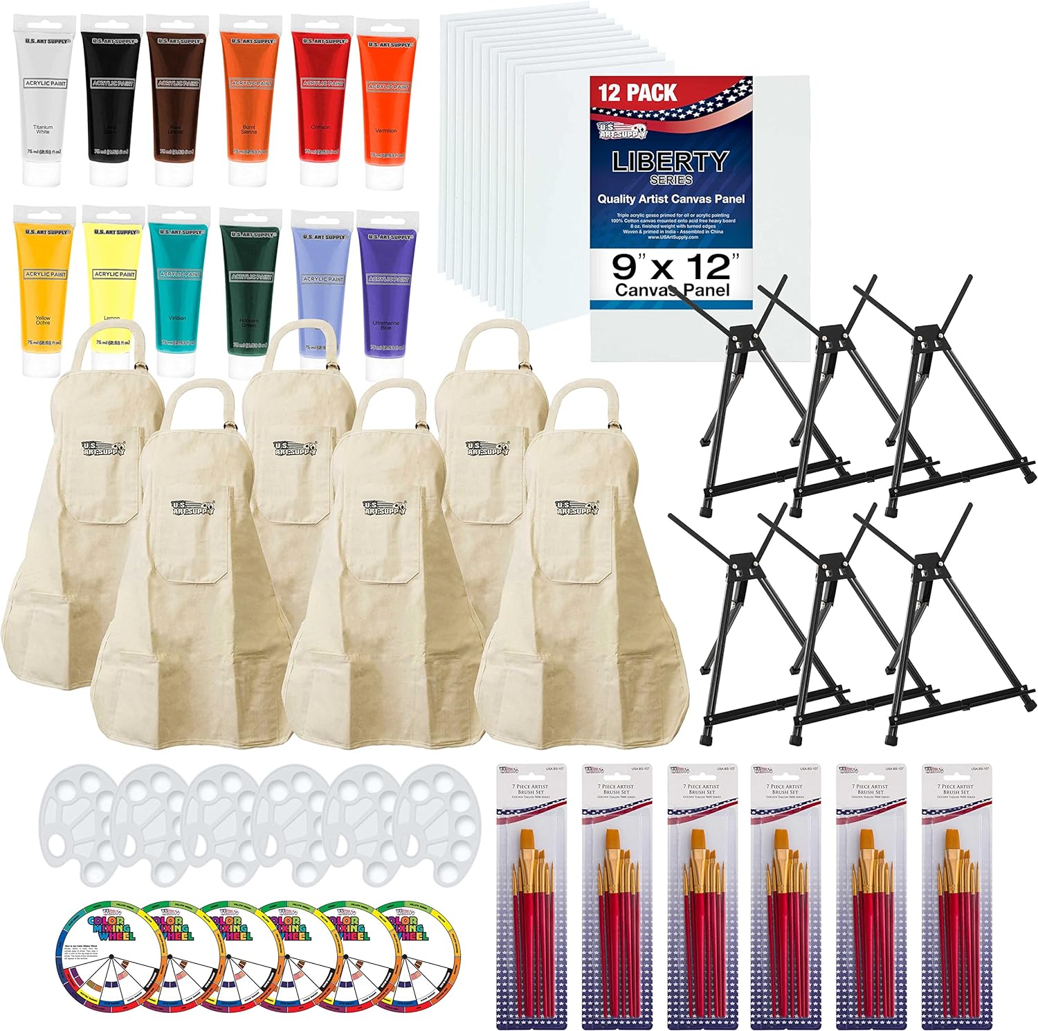 U.S. Art Supply 6-Person Wine Sip and Kids Art Painting Party Kit - 6 Easels, 12 Color Acrylic Paint Set, 12 Canvas Panels, 6 Brush Sets, 6 Painting Palettes, 6 Artist Aprons, Enjoy Fun Birthday Party
