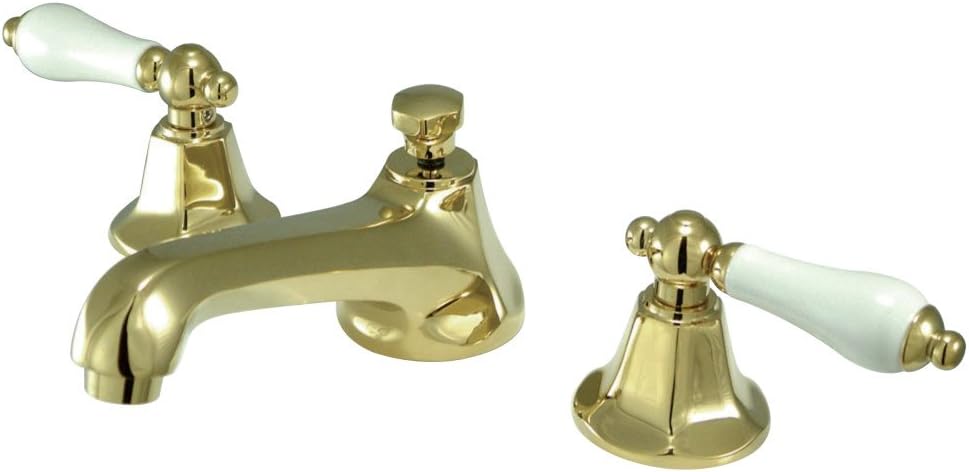 Kingston Brass KS4462PL Metropolitan Widespread Lavatory Faucet with Porcelain Lever Handle, Polished Brass, 8-Inch Adjustable Center