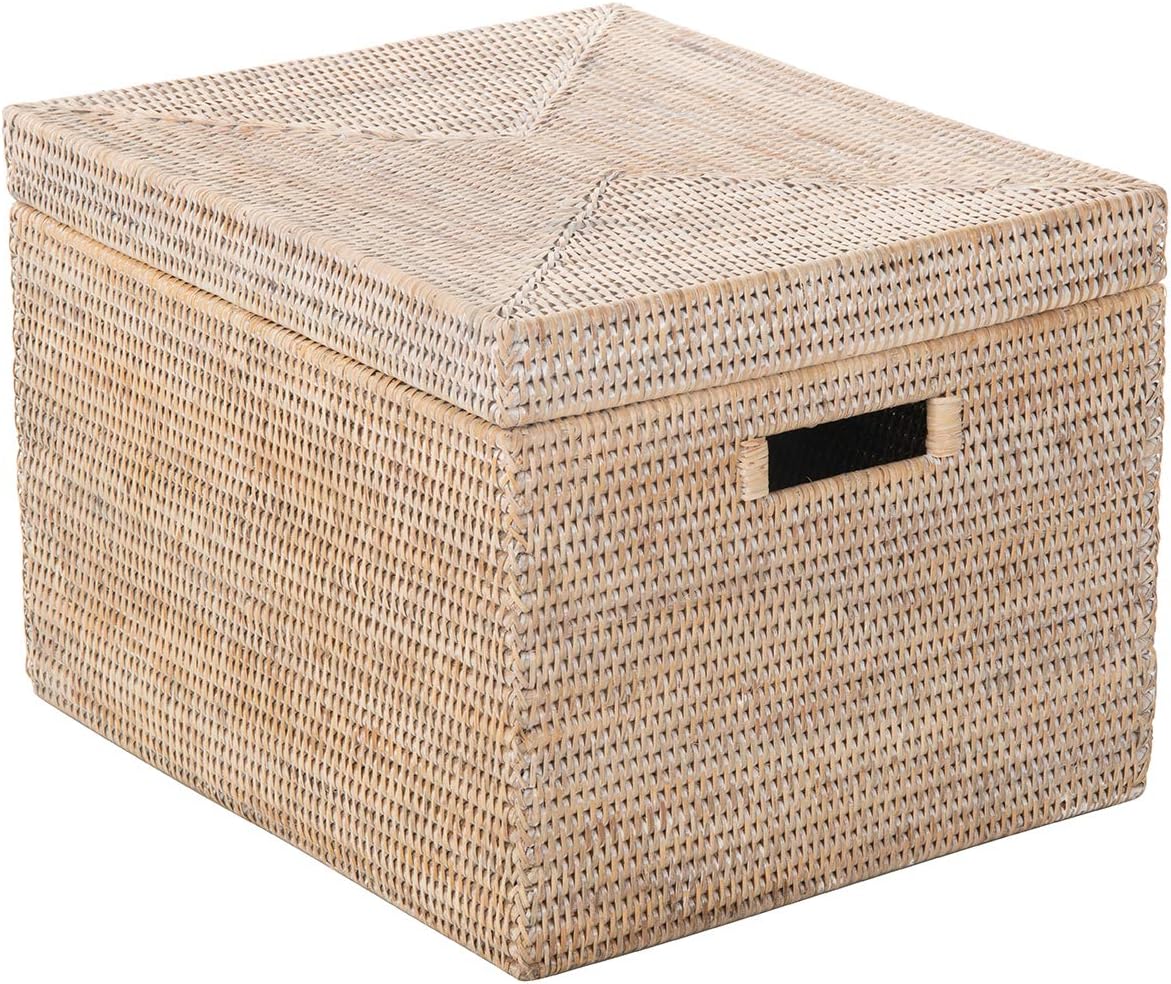 Kouboo La Jolla Rattan Box Basket - Wicker Storage Basket with Lid, Decorative Storage, Toy Box, Laundry Hamper, Kitchen, Living Room Storage Bin, White-wash