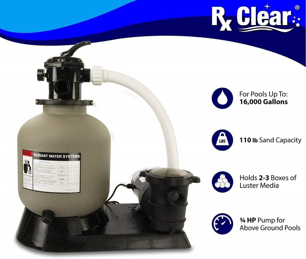 Rx Clear Radiant 22 Inch Swimming Pool Sand Filter System for Above Ground Pools | Includes 1.5 HP Pump, 6-Way Multi-Port Valve & Blue Luster Media | 45 GPM Flow Rate | Filters Pools up to 26,000 Gal