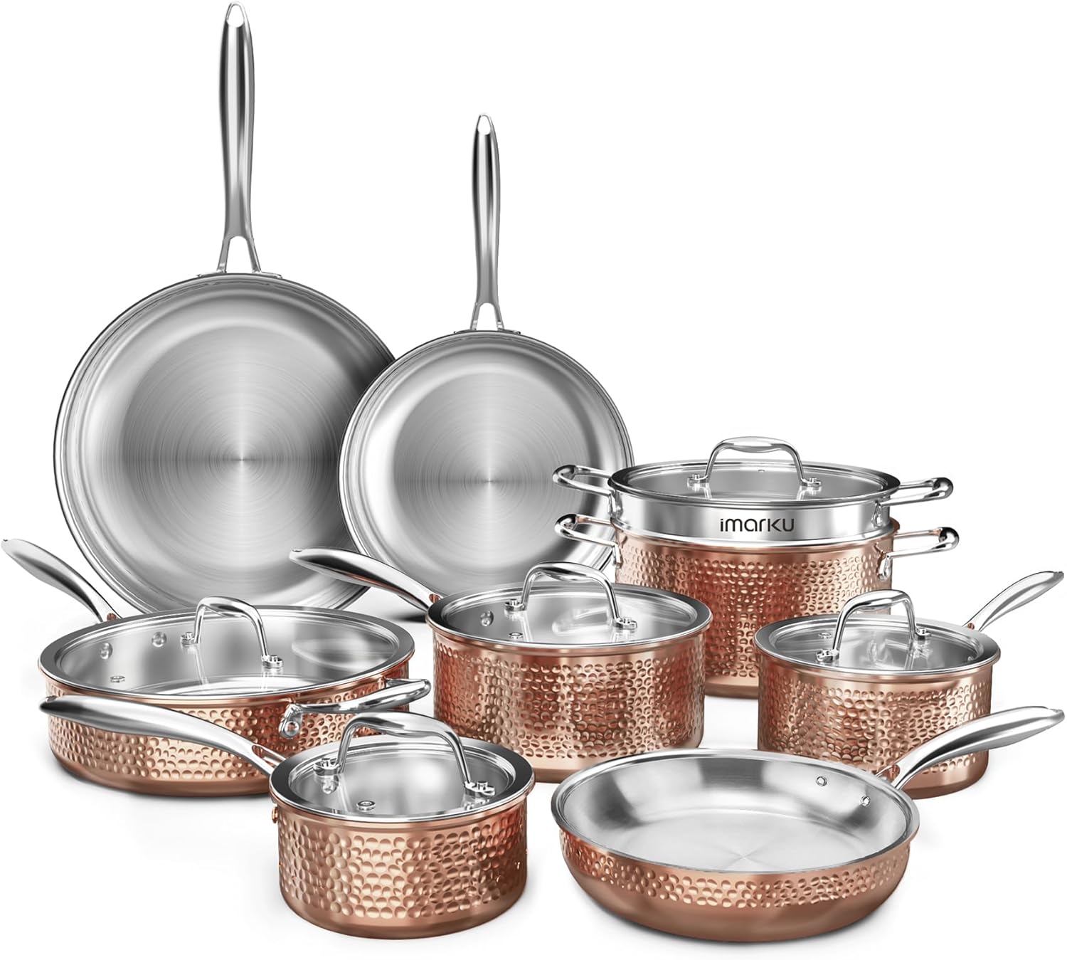 imarku Stainless Steel Pots and Pans Set, 14PCS Kitchen Cookware Sets with Lids, Non-Toxic Tri-Ply Clad Hammered Stainless Steel, Suits Ceramic and Induction, Best Gifts for Women Men