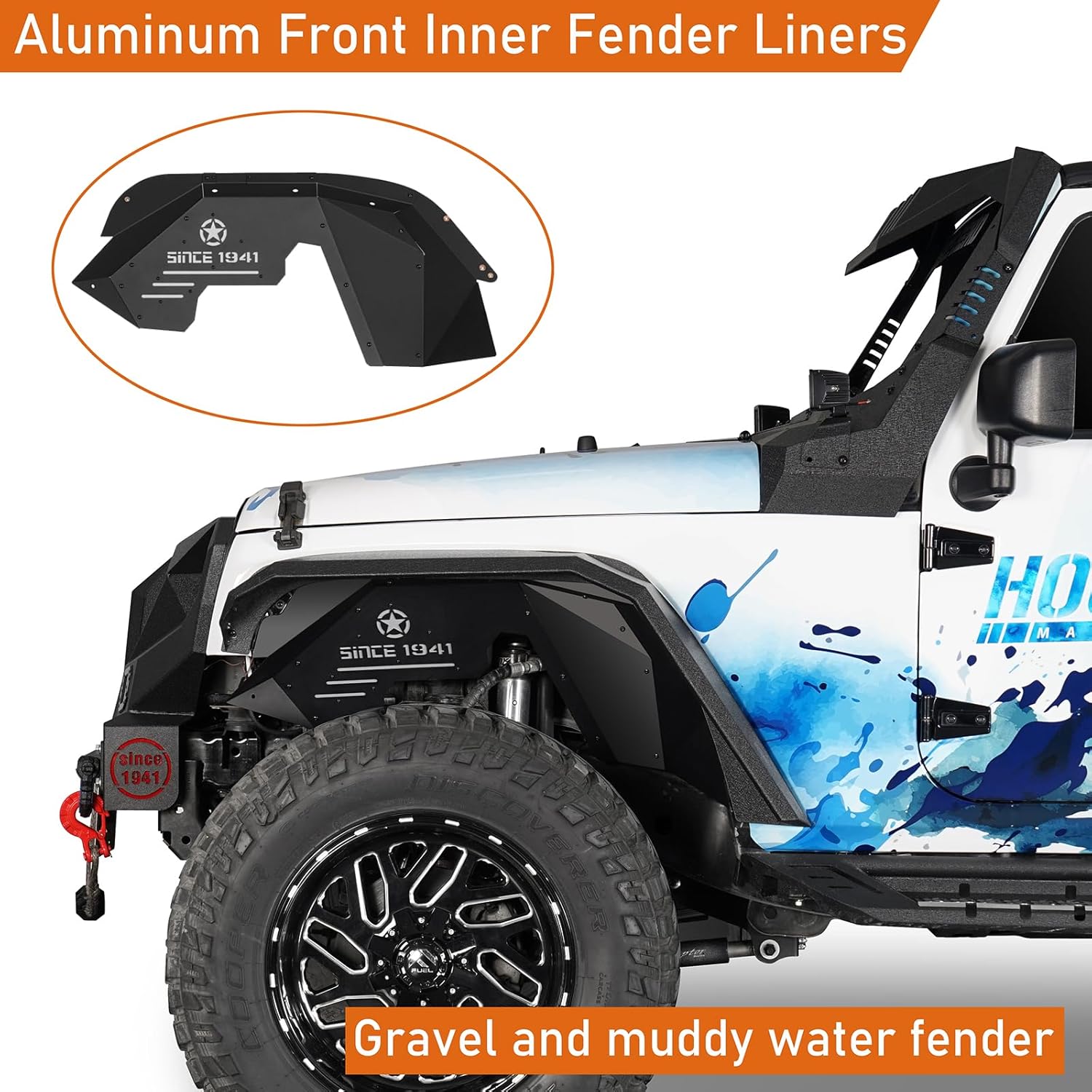 Hooke Road Aluminum Front Inner Fender Liners for 2007-2018 Jeep Wrangler JK & Unlimited 2/4 Doors, 2PCS Wheel Well Liner Splash Mud Guard Covers