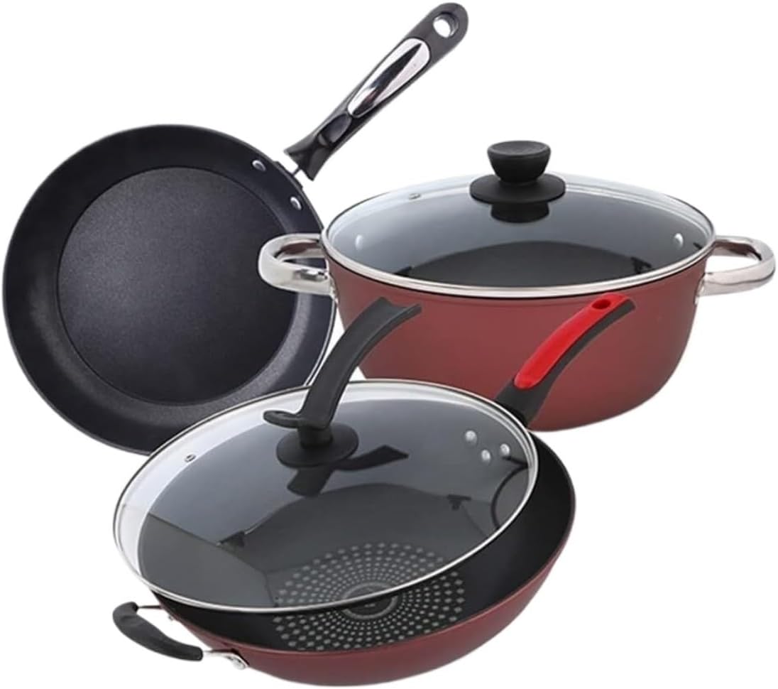 Cookware Set Pots and Pans Set 3pcs Cookware Set Wok Soup Pot with Lid Frying Pan Cooking Pot Saucepan Non-Stick Pan Set Kitchen Cooking Tools Cooking Pot Set Cooking Pan Set