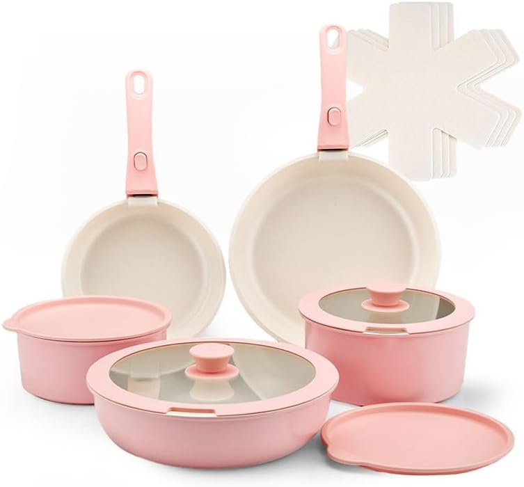 Easy to clean Ceramic Coating Non Stick Pans Complete Cookware Set with Detachable Handles Kitchen