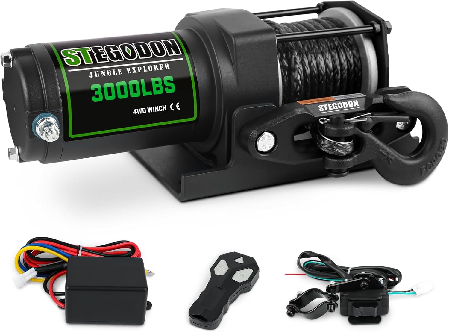 STIMULATER 3000lb ATV/UTV Winch,Electric Winch 12V,Winch with Synthetic Rope,Winch with Wireless Remote Control and Manual Switch, with Hawse Fairlead,IP67 Waterproof,Suitable for Most ATVs and UTVs