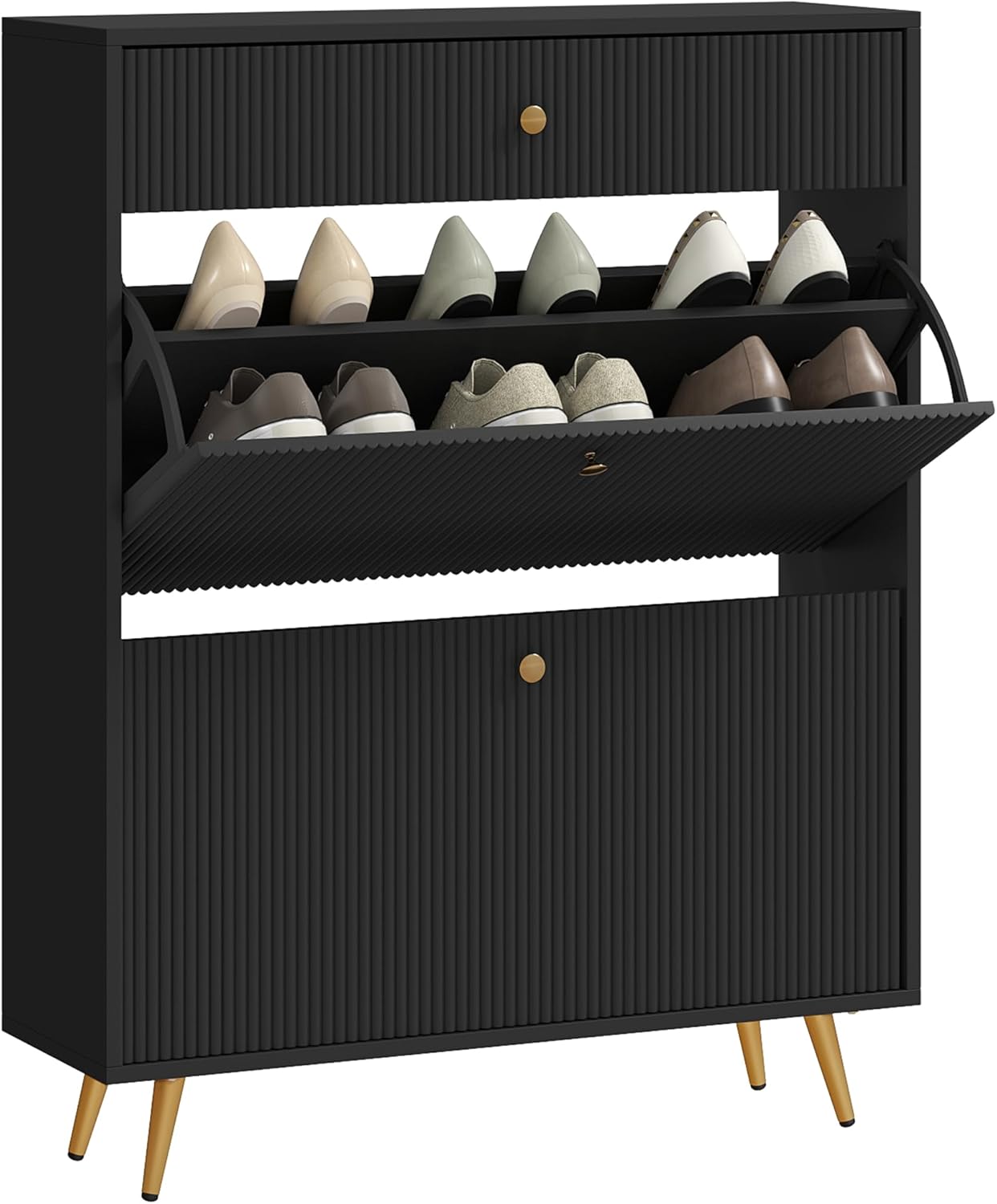 HOMCOM Narrow Shoe Cabinet with 2 Flip Drawers, Modern Shoe Storage Cabinet with Wave-Like Panels and Adjustable Shelves for 12 Pairs of Shoes, for Entryway Hallway, White