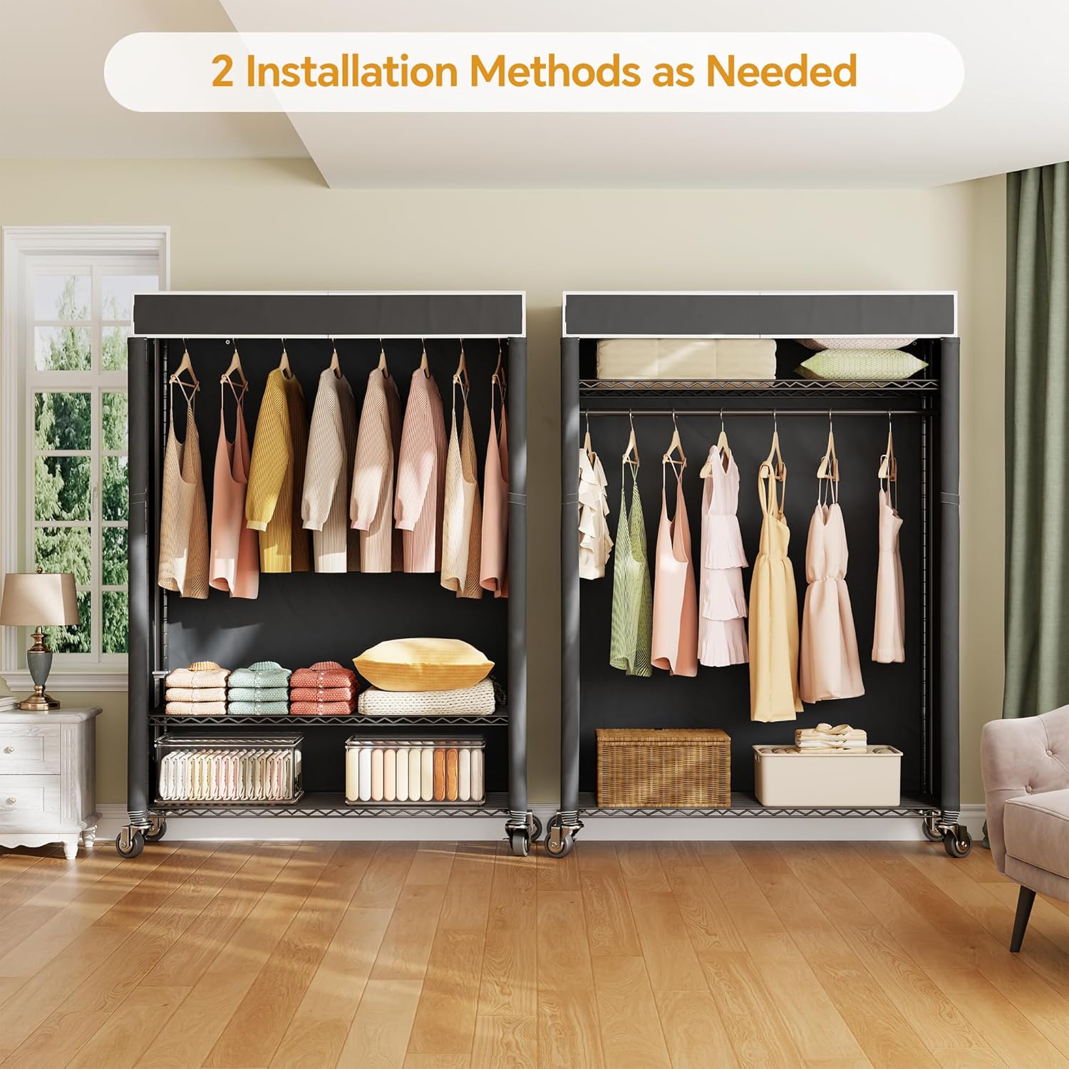 H4 Plus Rolling Garment Rack with Cover, Heavy Duty Clothes Rack with Wheels, Portable Closet for Hanging Clothes, Wardrobe Closets Organizer Storage, Black Closet Rack with Black Fabric Cover