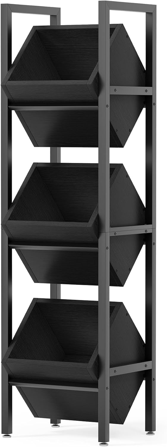 LITTLE TREE 3-Tier Basket Stand, Wooden Floor Stand Shelving Unit, Rustic Standing Organizer Storage Rack for Kitchen, Bathroom, Living Room (2, Rustic Brown)