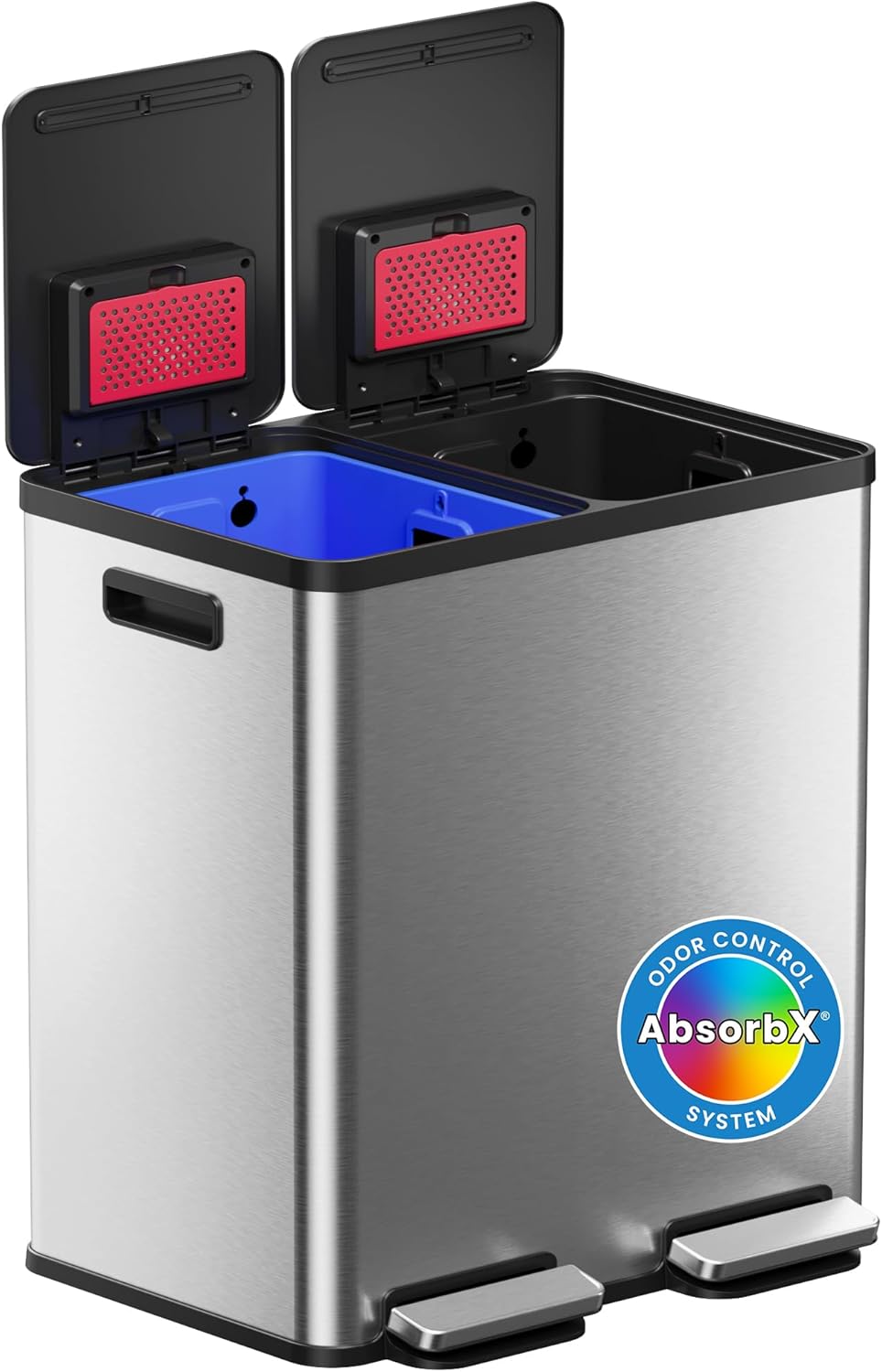 iTouchless 60 Liter / 16 Gallon Dual Compartment Kitchen Trash Can & Recycling Bin, Odor Filter, Soft-Close, Hands-Free Step Pedals, 2x 8-Gal Color-Coded Buckets, Smudge-Resistant Stainless Steel