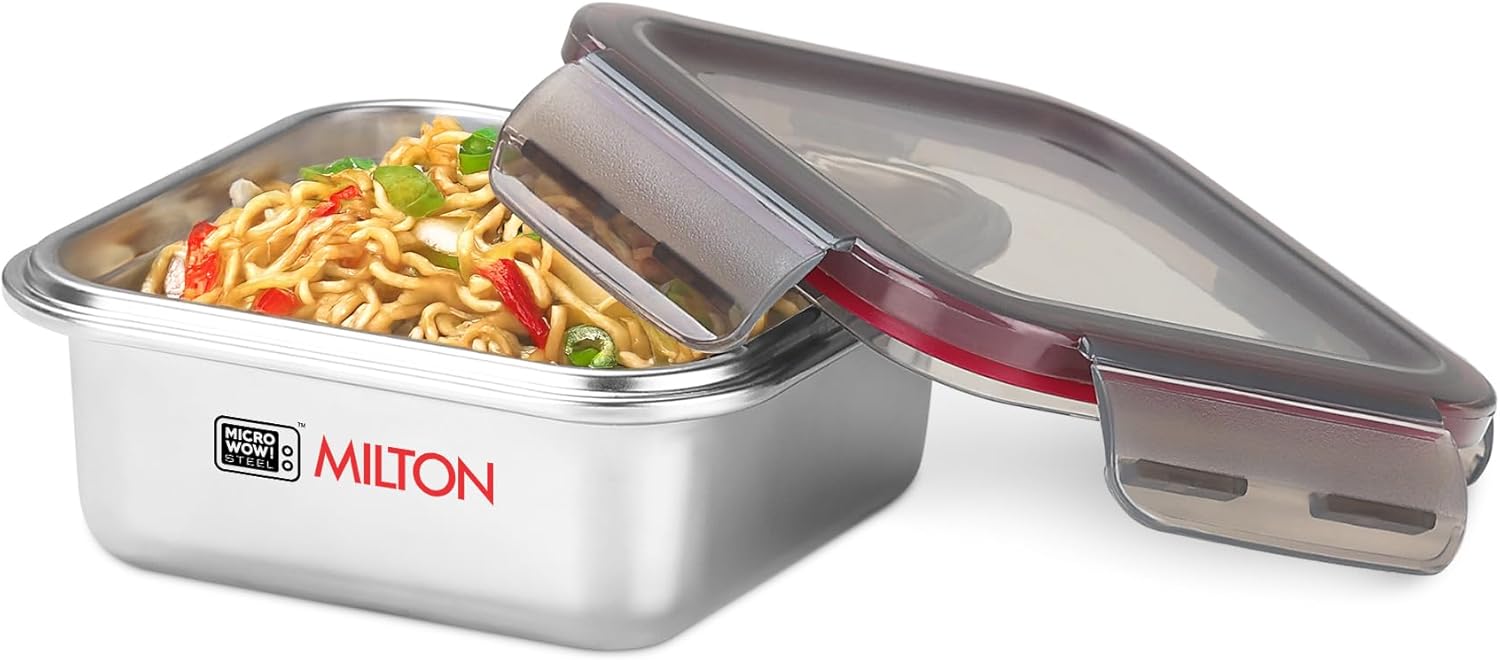 MILTON Modulo Steel Square 450 Container with lock lid|Airtight & Leakproof|Microwave & Oven safe| Light Weight | School, Office or Picnic use, 400 ml, Silver