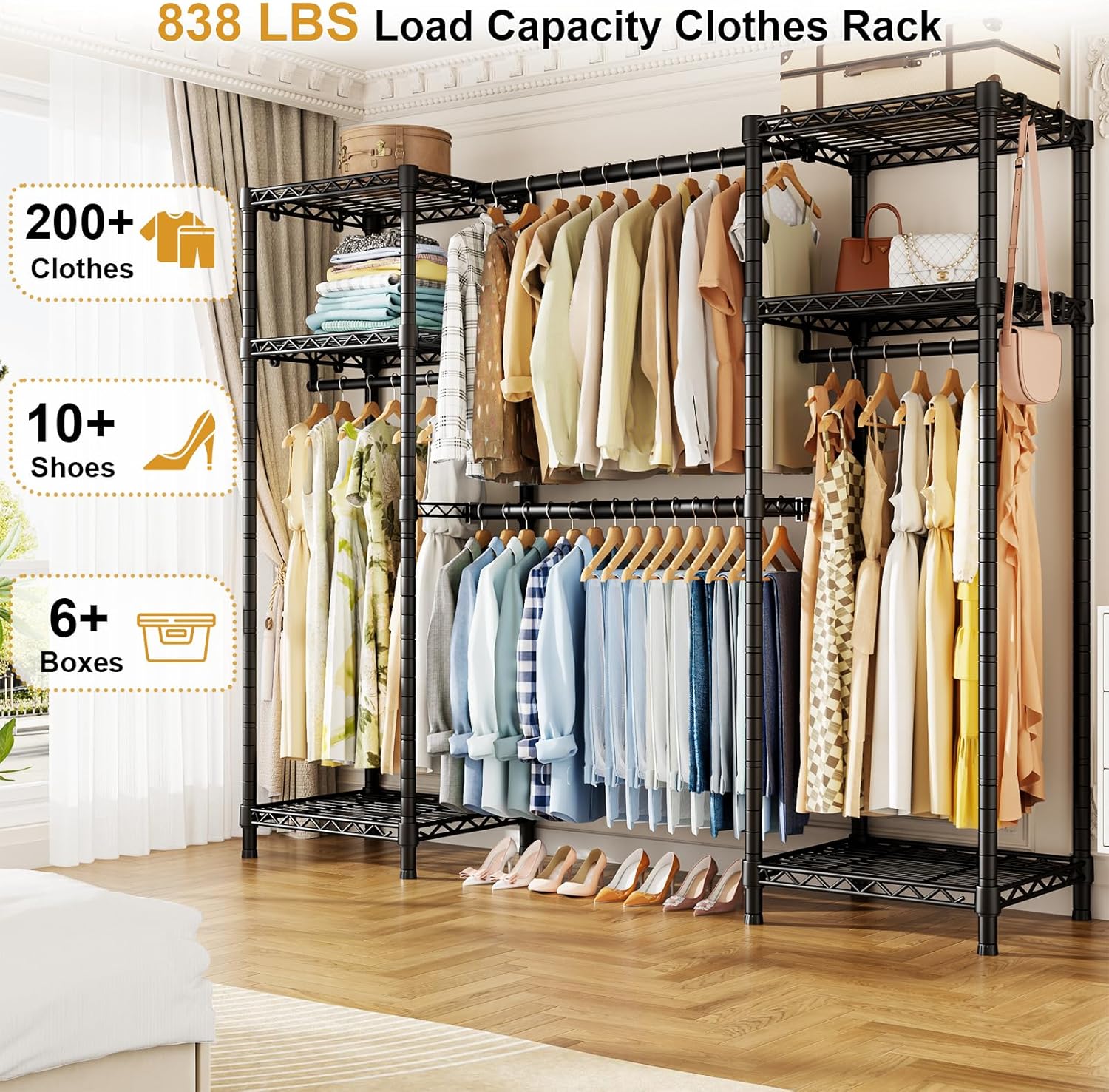 Ulif E7 Garment Rack, Heavy Duty Clothes Storage System with Extendable Hangers Rods, Metal Clothe Rack with 6 Wire Shelves, (52.3