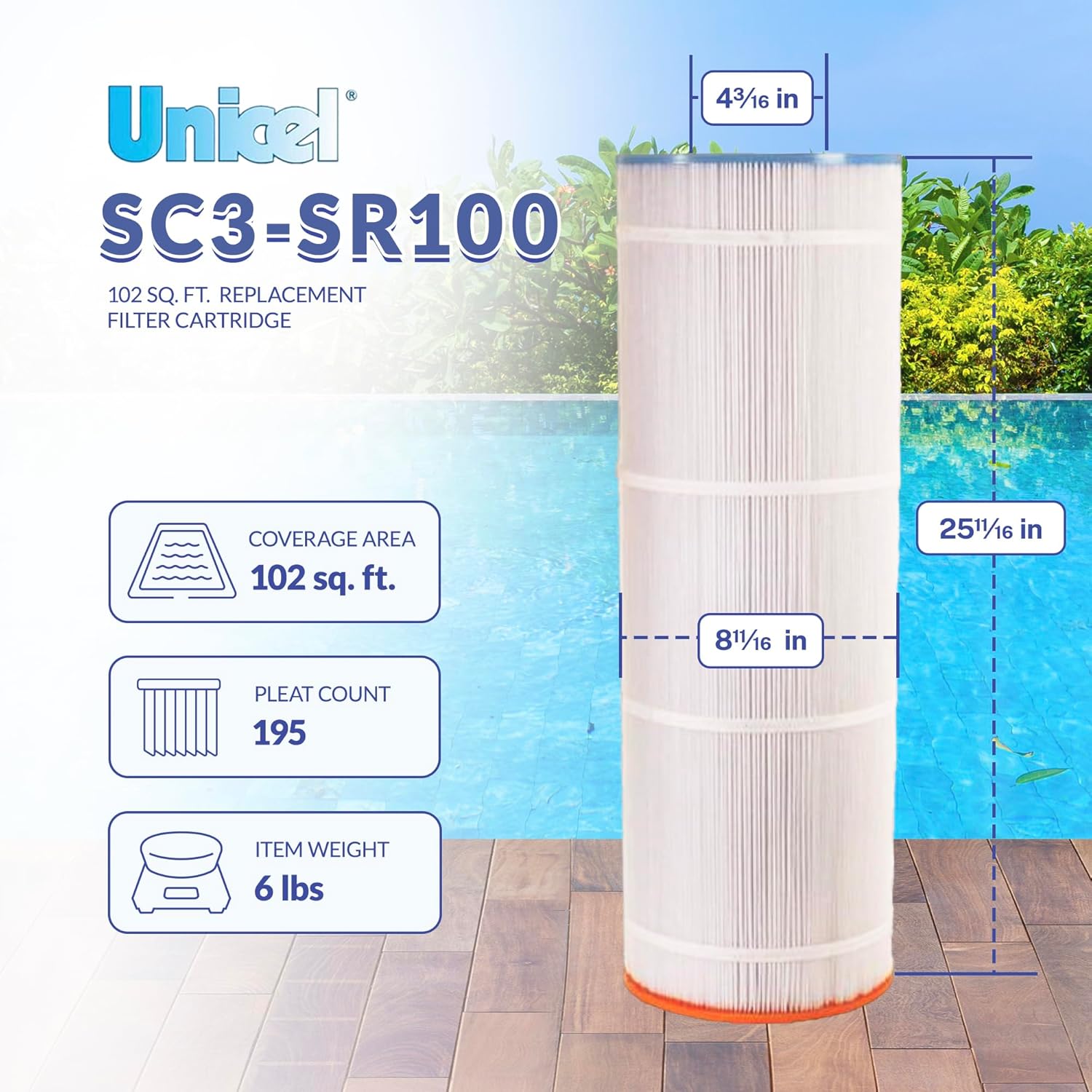 Unicel SC3-SR100 102 Square Foot 3 Oz Media Replacement Swimming Pool Filter Cartridge, 195 Pleats, Compatible with Sta-Rite Posi-Flo Models (2 Pack)