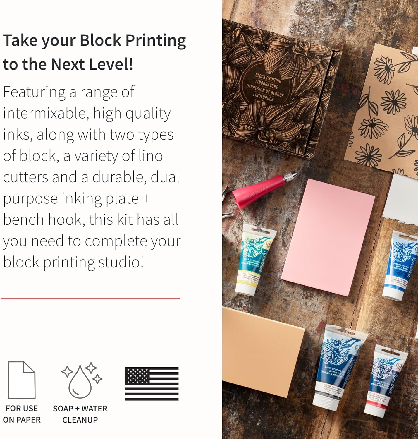 Speedball Deluxe Block Printing Kit - Includes Inks, Brayer, Bench Hook, Lino Handle and Cutters, Speedy-Carve Block, Mounted Linoleum Block (3472)