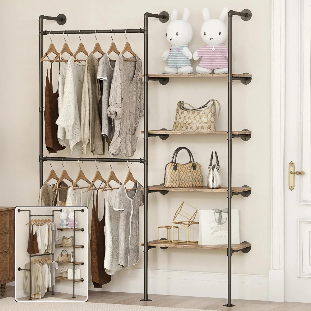 Industrial Pipe Clothing Rack, Heavy Duty Adjustable Garment Hanger with Shelves, 2 Installation Methods Closet Storage System for Wardrobe Organization (Black, 80