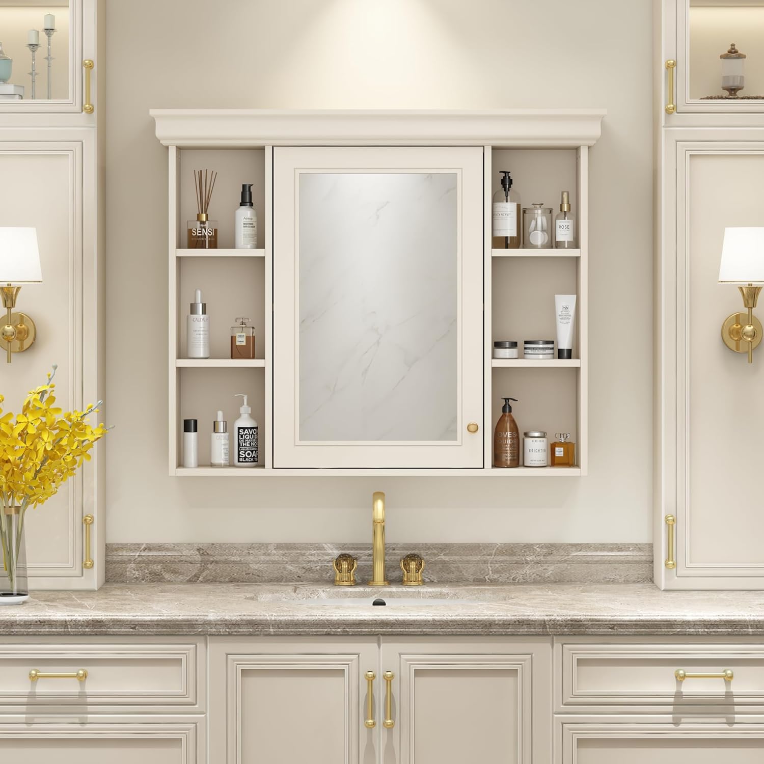 Merax Bathroom Medicine Cabinet with Mirror, 35'' x 28'' Wall Mounted Bathroom Cabinet with Mirror Door and 6 Open Shelves, Over The Toilet Storage Mirrored Bath Wall Cabinet, White