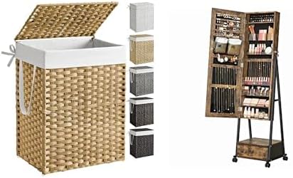 SONGMICS Laundry Hamper with Lid, Jewelry Cabinet Floor Standing, ULCB51NL and UJJC004X01