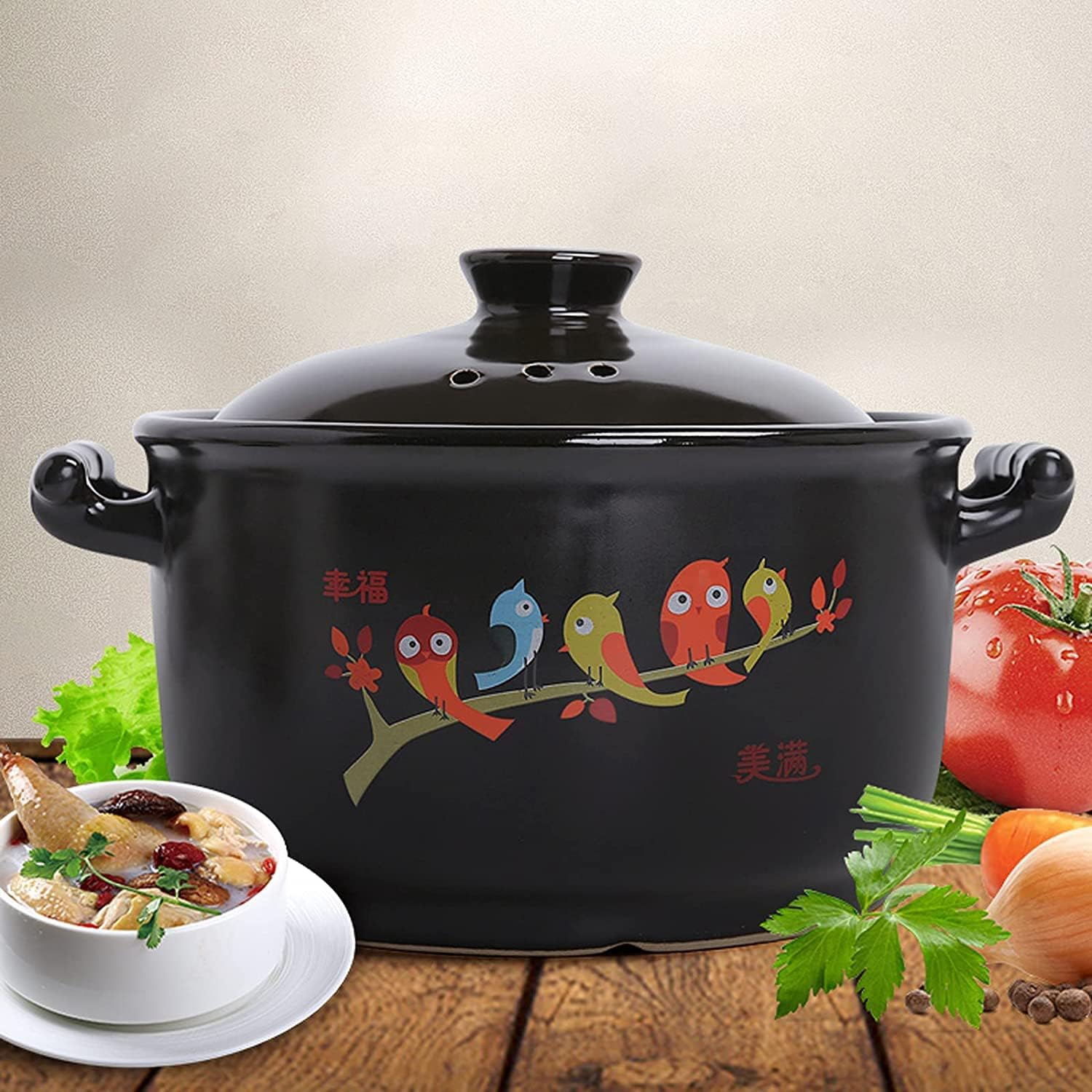 Ceramic Soup Pot, Ceramic Black Dish Round Stew Pot, Induction Cooker Gas Stove General Purpose Casserole with Lid(Size:5.5L)