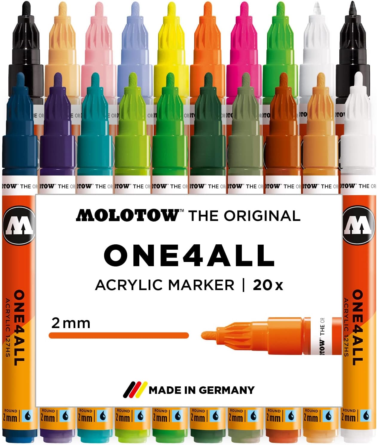 Molotow One4All 127HS Acryl Marker Main-Kit 2 (2,0 mm Strichstärke, hochdeckend und permanent, UV-beständig, für fast alle Untergründe) 20 Stück sortiert