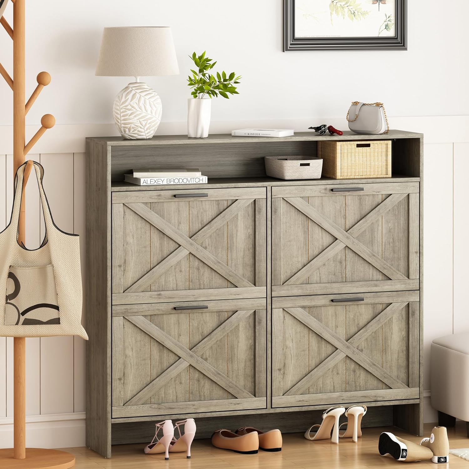Shoe Storage Cabinet with 4 Flip Drawers, Sturdy Anti-Tip Design Shoe Rack Cabinet for Entryway, Hallway, Apartment (Rustic Grey)