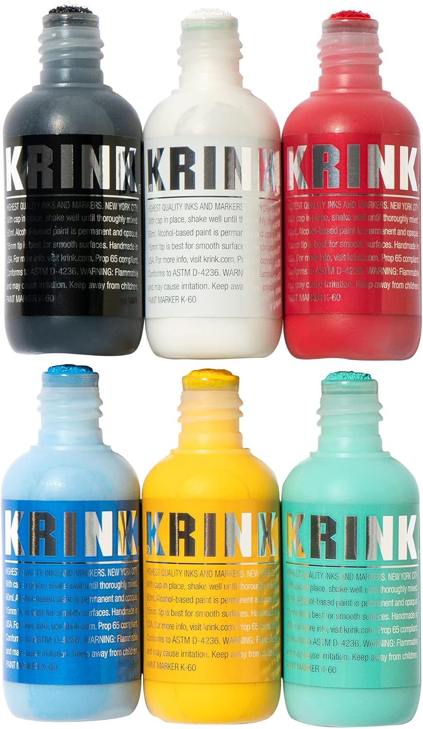 Krink K-60 6 Color Paint Marker Set - Vibrant and Opaque Fine Art Graffiti Markers for Canvas Metal Glass Paper and More - Alcohol-Based Permanent Graffiti Mop Paint Marker for Lasting Tags