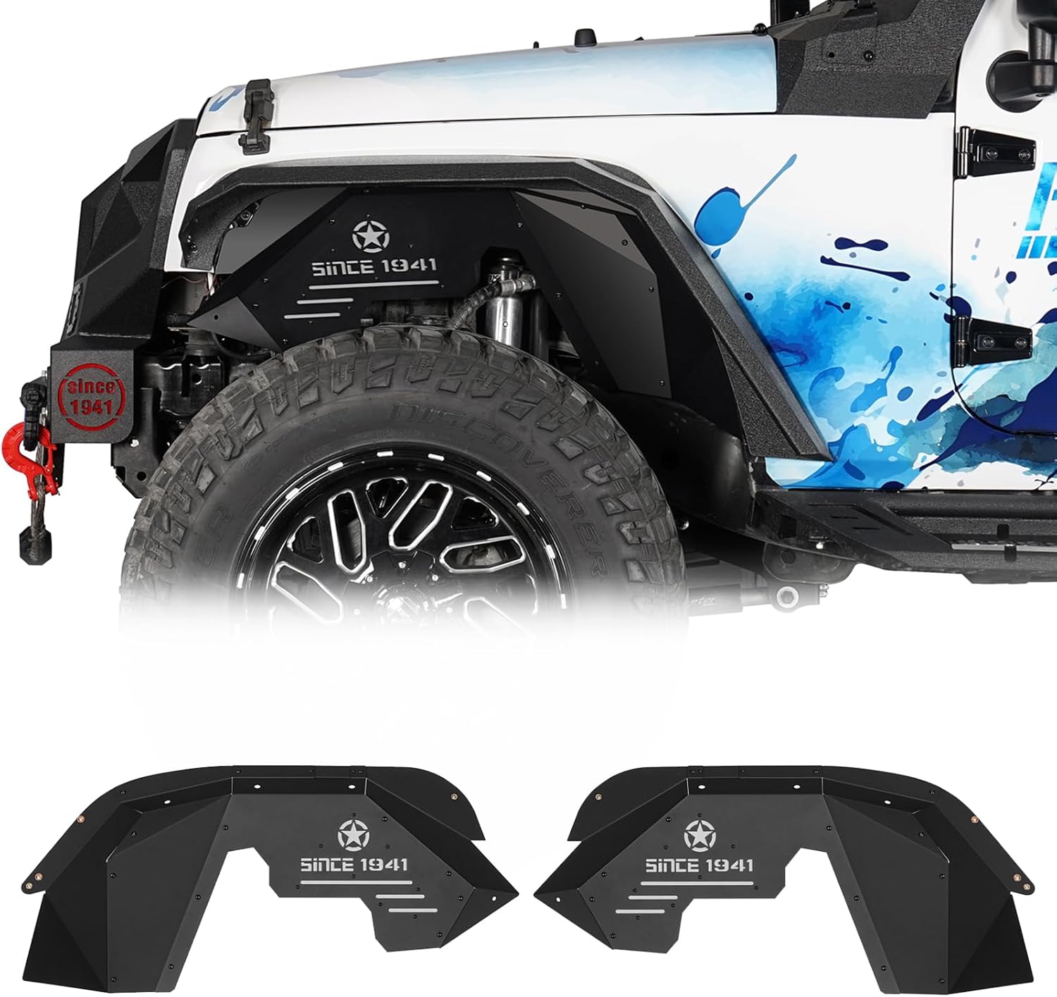 Hooke Road Aluminum JK Rear Inner Fender Liners Wheel Well Liner for 2007-2018 Jeep Wrangler JK & Unlimited 2/4 Doors, 2PCS Lightweight Mud Guard Covers