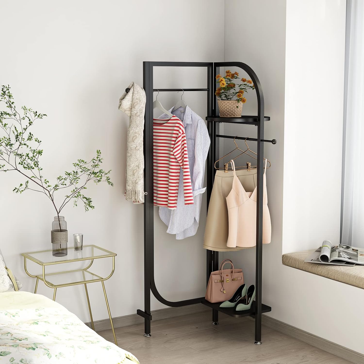 Corner Gold Clothing Racks Freestanding, Gold Metal Coat Racks with Hooks, Heavy Duty Modern Clothes Rack with 3 Tier Storage Shelves for Home,Bedroom,Living Room