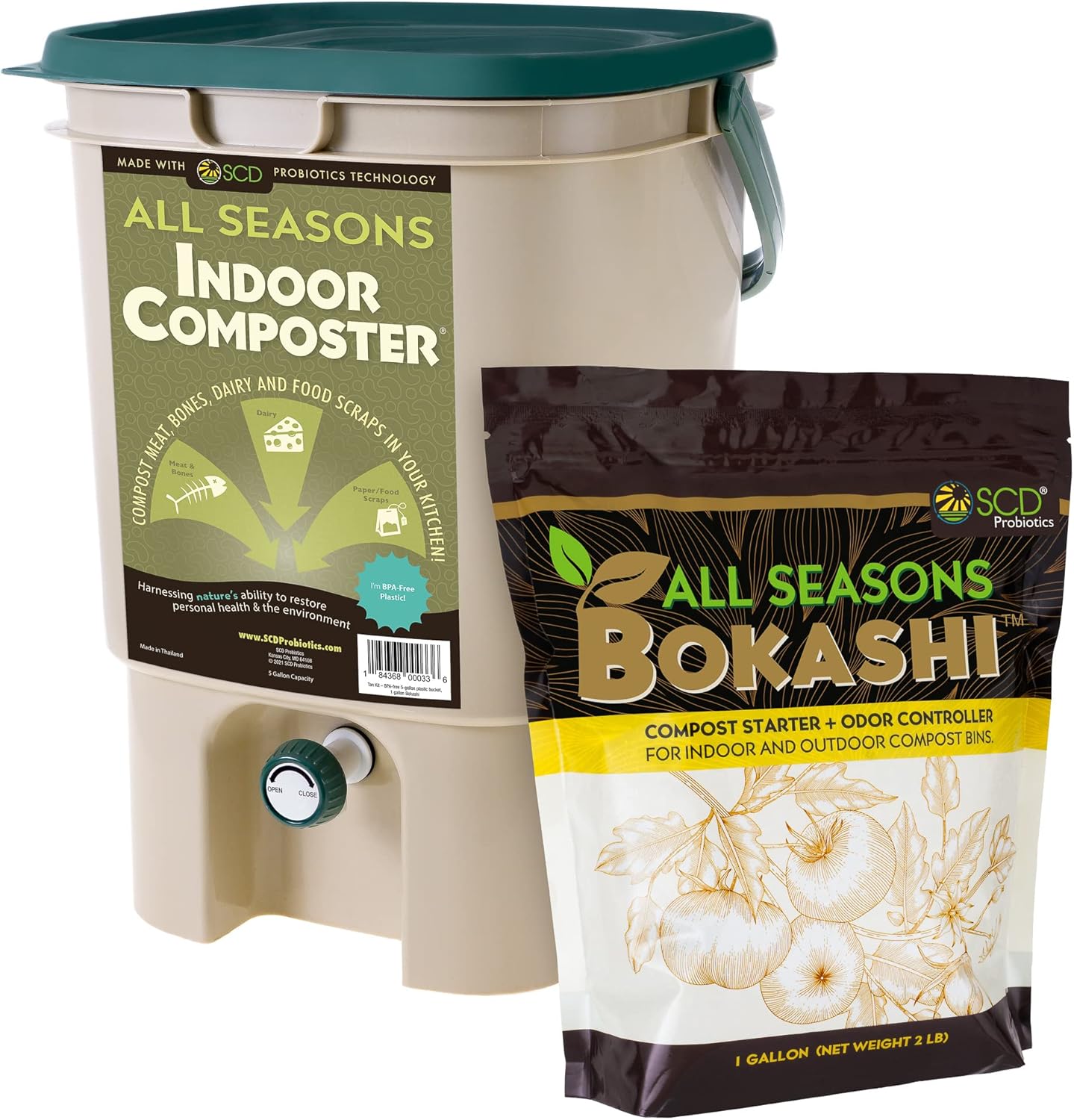 All Seasons Indoor Composter Starter Kit - Two Family-Sized Composting Bins for Kitchen Countertop and Bokashi Bran Starter 5 lb (2 gallons), Easily Compost Food After Every Meal, Odor Free