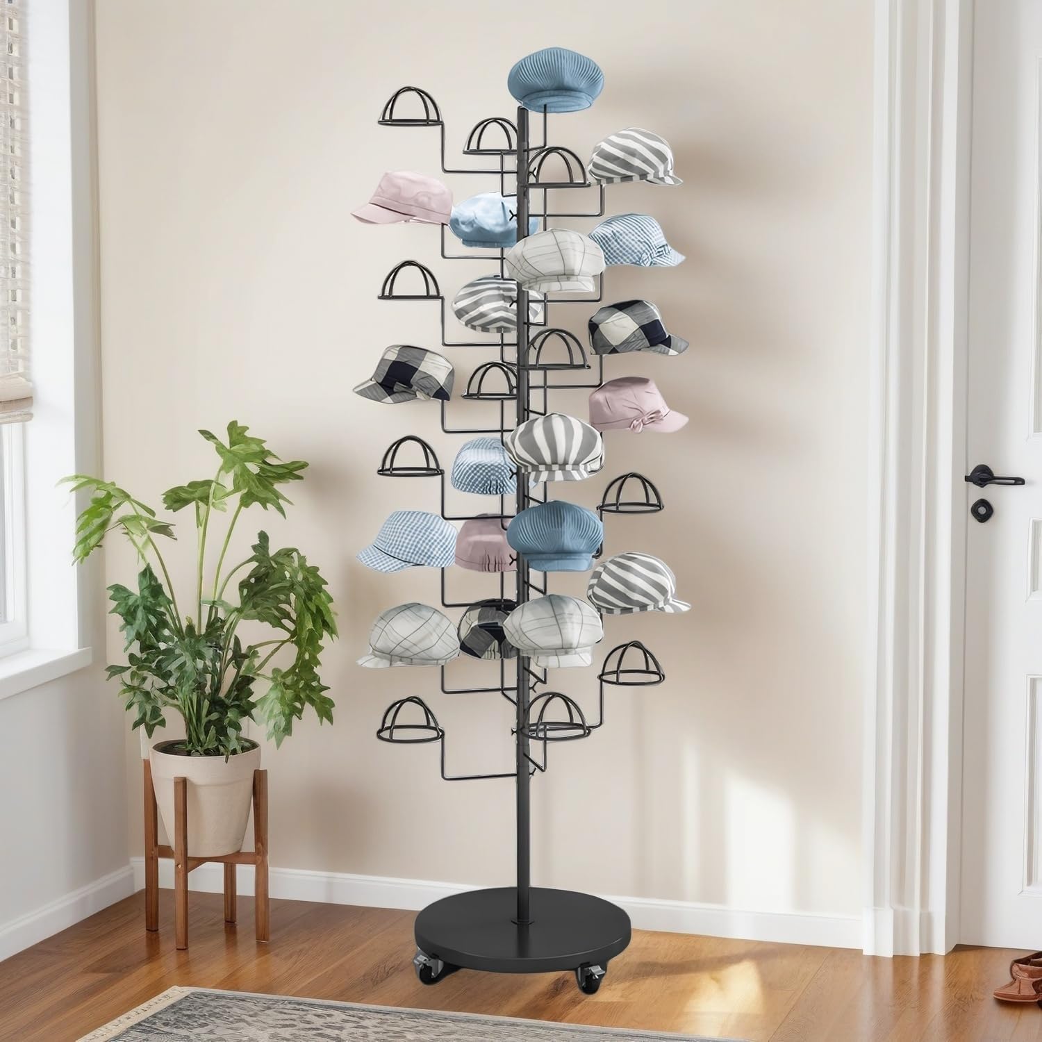 Metal Hats Display Rack with 30 Adjustable Hooks Floor Hat Rack Stand Hat Rack Display for Home Retail Store Hat Organizer Rack for Wig Cap(Gold)