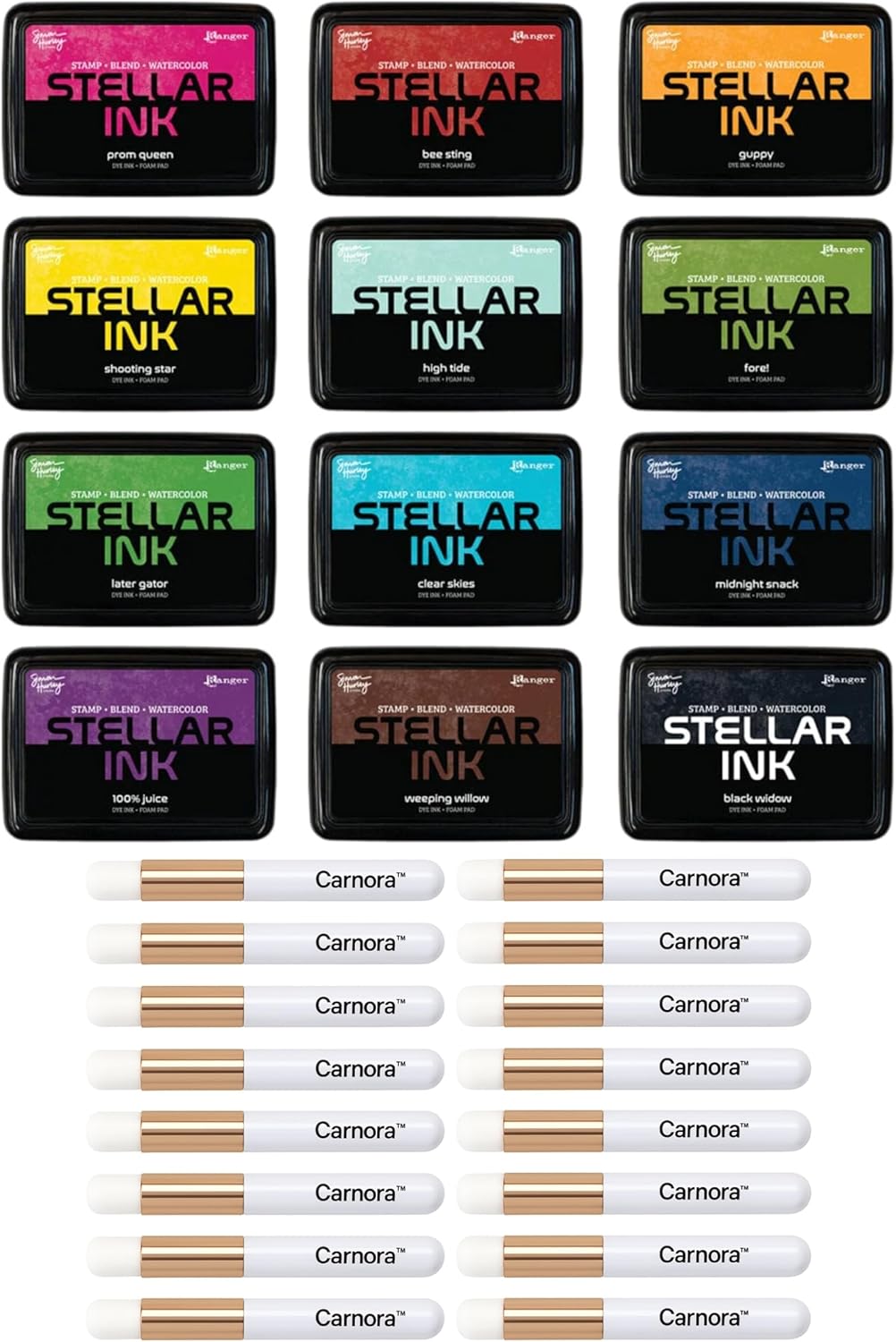 Simon Hurley Stellar Dye Ink (Foam Pads), Bundle of 12 Colors, Released May 2025, 12 Carnora Mini Blending Brushes