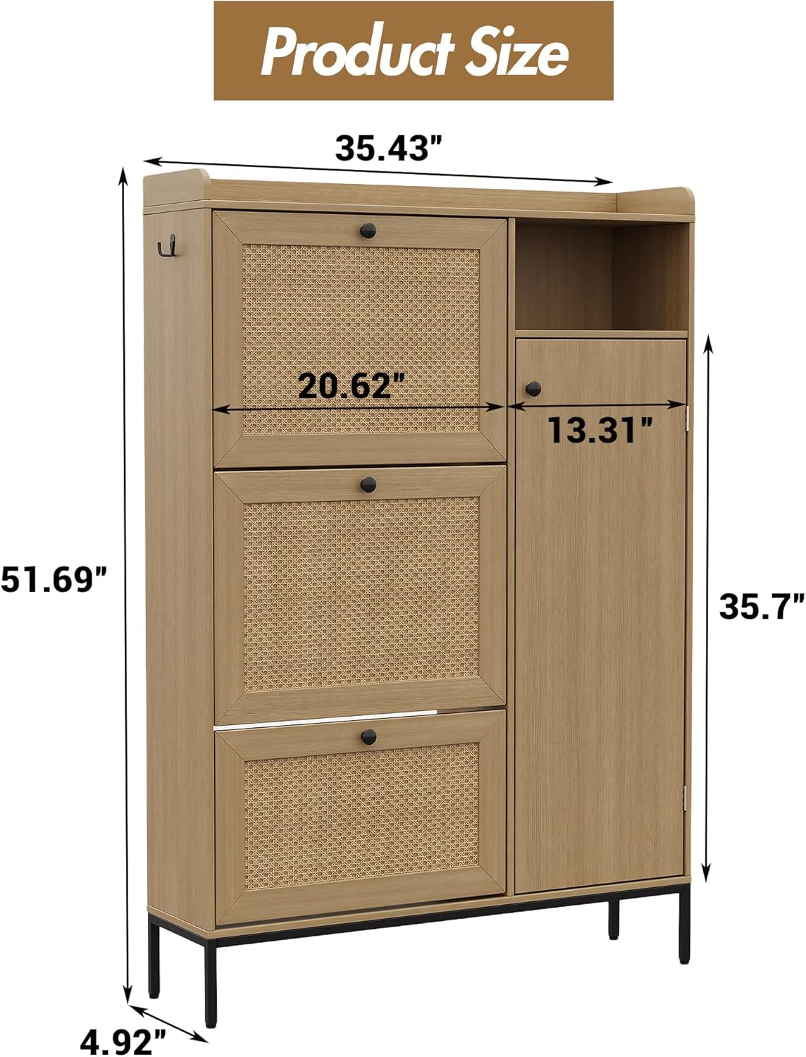 3-Tier Shoe Cabinet, Rattan Shoe Organizer with Flip Drawers and Adjustable Shelves, Rattan Door Design with Top Grate, Narrow Shoe Storage Organizer for Entryway, Hallway, or Bedroom, Wood Color
